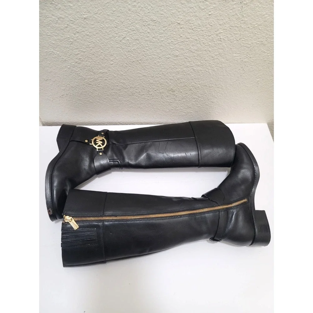 Michael Kors Womens Black Leather Knee-High Riding Boots With Gold MK Logo & Sid